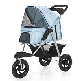 Three Wheel Folding Pet Stroller, Dog Jogger Travel Carrier Adjustable Canopy Storage Brake Mesh Window (Color: light blue)