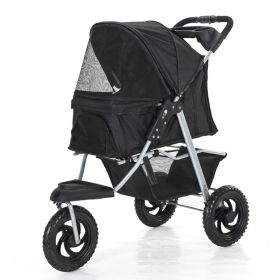 Three Wheel Folding Pet Stroller, Dog Jogger Travel Carrier Adjustable Canopy Storage Brake Mesh Window (Color: Black)