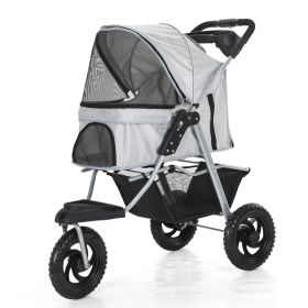 Three Wheel Folding Pet Stroller, Dog Jogger Travel Carrier Adjustable Canopy Storage Brake Mesh Window (Color: Gray)